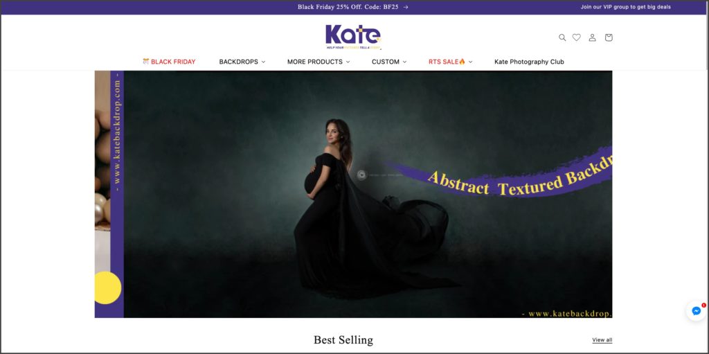 homepage of e-commerce store Kate Backdrop