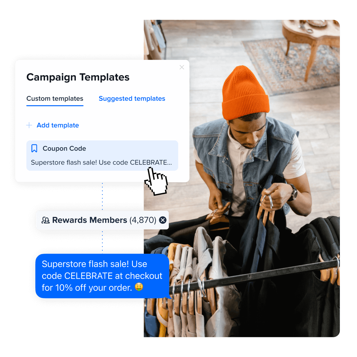 A mass texting software interface showcasing a campaign template for a flash sale with a coupon code, superimposed over a man browsing clothing racks, demonstrating how retail businesses can quickly send promotional offers to thousands of rewards members.