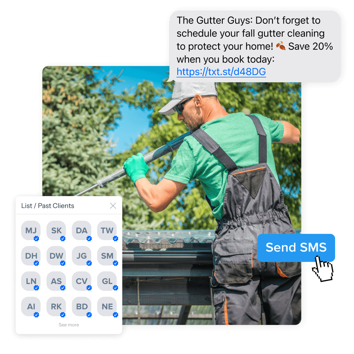 A worker cleaning gutters with a message box offering a discount for fall gutter cleaning services, exemplifying the use of mass texting to remind past clients and promote seasonal home maintenance services.