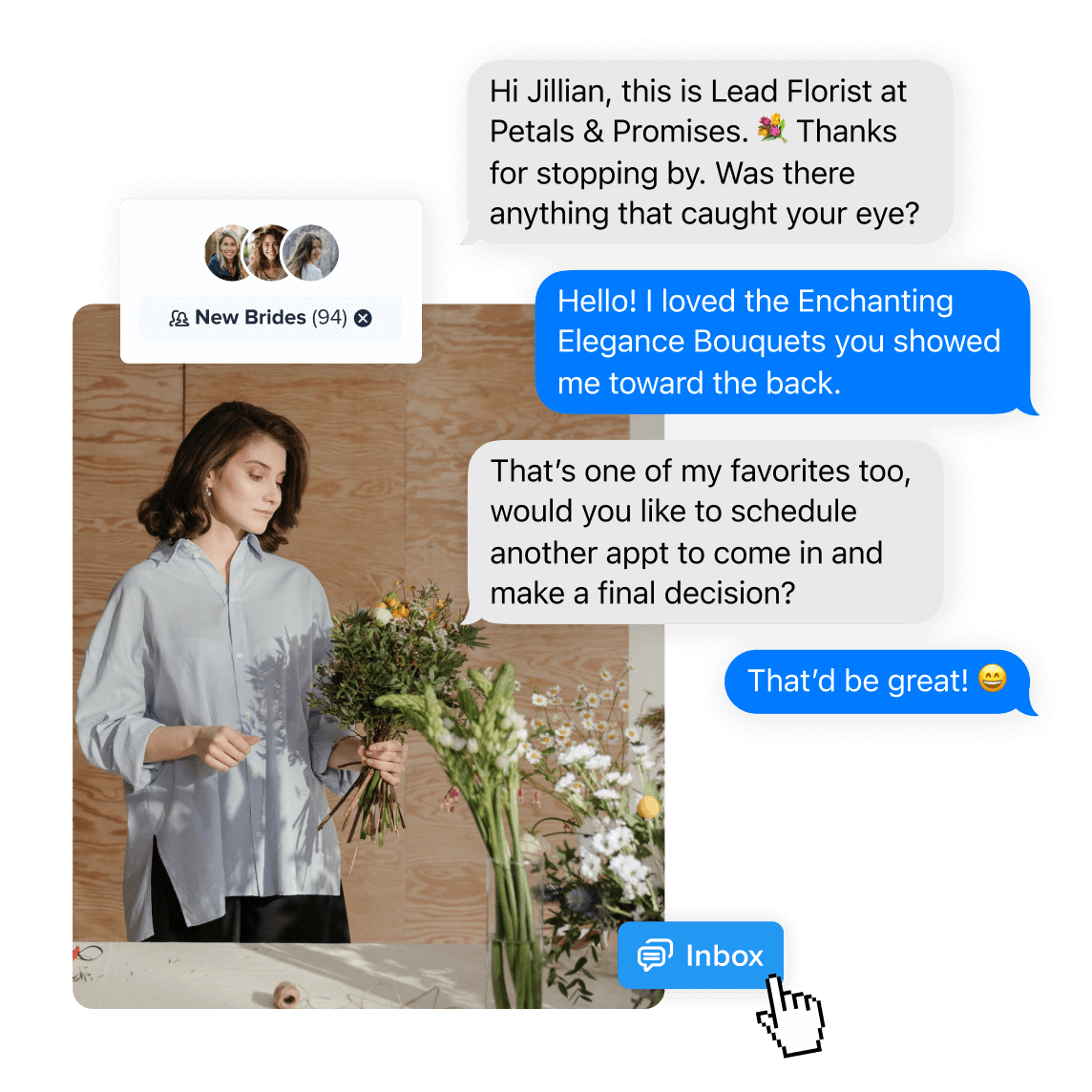 A florist engaging with a customer through a mass texting platform, discussing favorite bouquets and scheduling follow-up appointments, highlighting the use of mass texting for personalized customer service in small businesses.