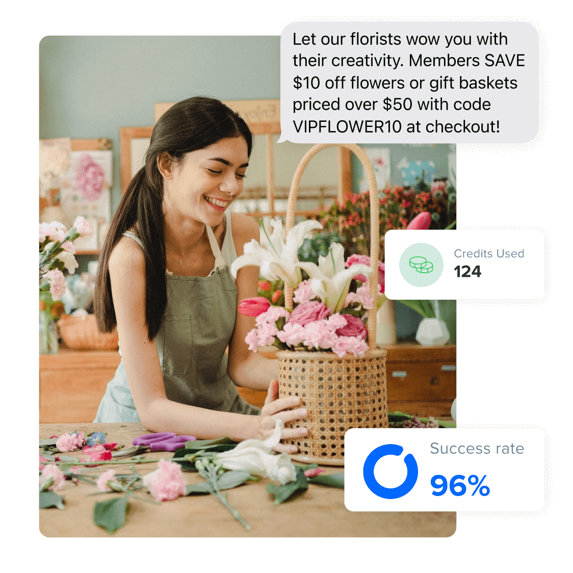 A smiling florist arranging a basket of flowers, with an SMS notification about a member discount, emphasizing the effective use of mass texting for marketing promotions in the floral industry and tracking campaign success rates.