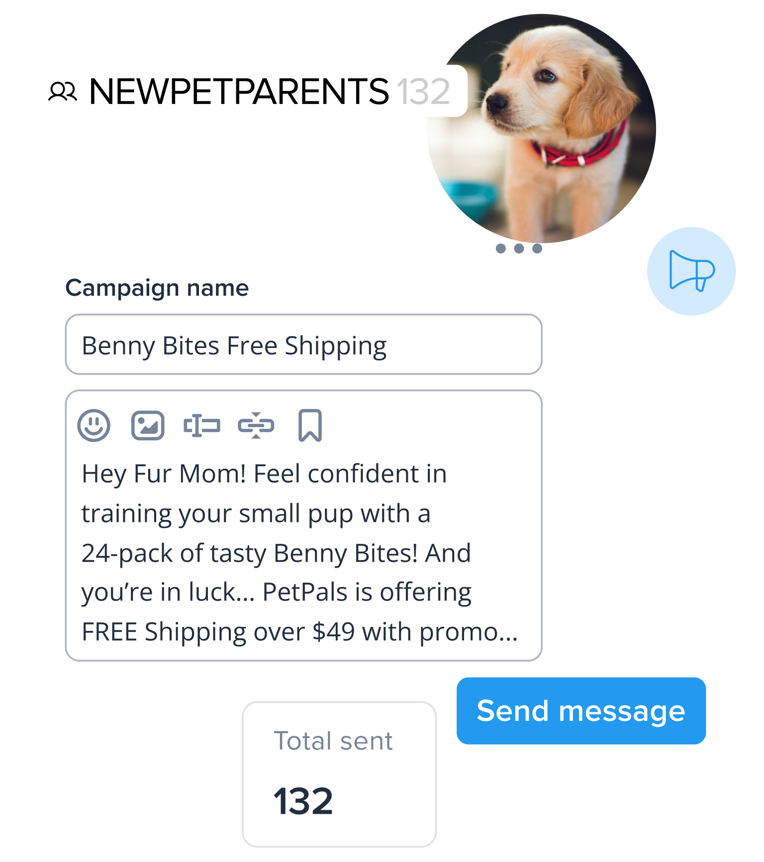 ecommerce text message draft that's being sent to a list called new parents