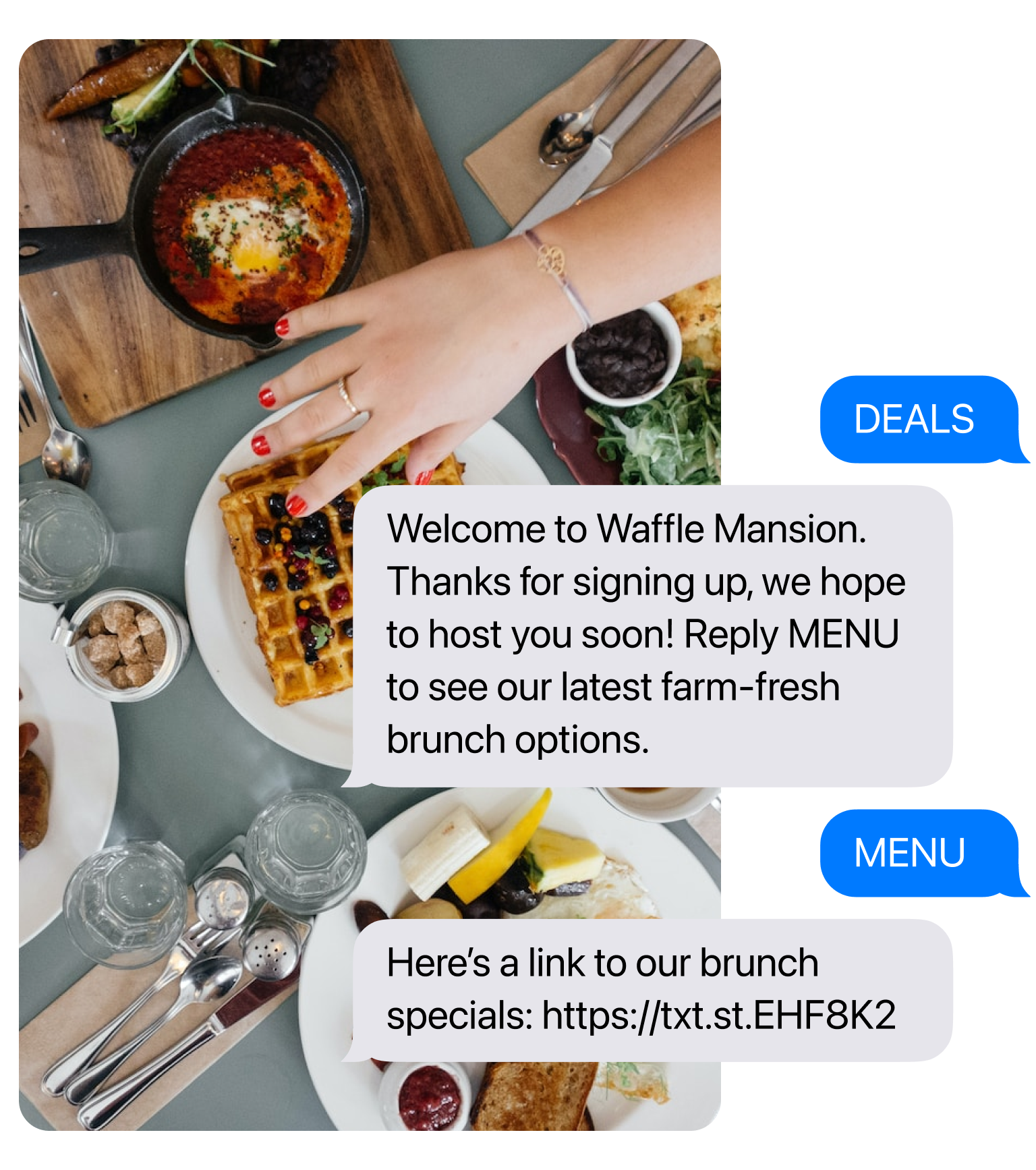 A woman prepares a breakfast meal with text message bubbles as a conversation surrounding her hands. The first text is received and reads 