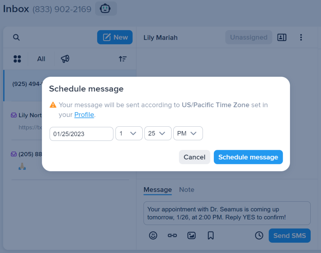 Scheduling details for inbox messages