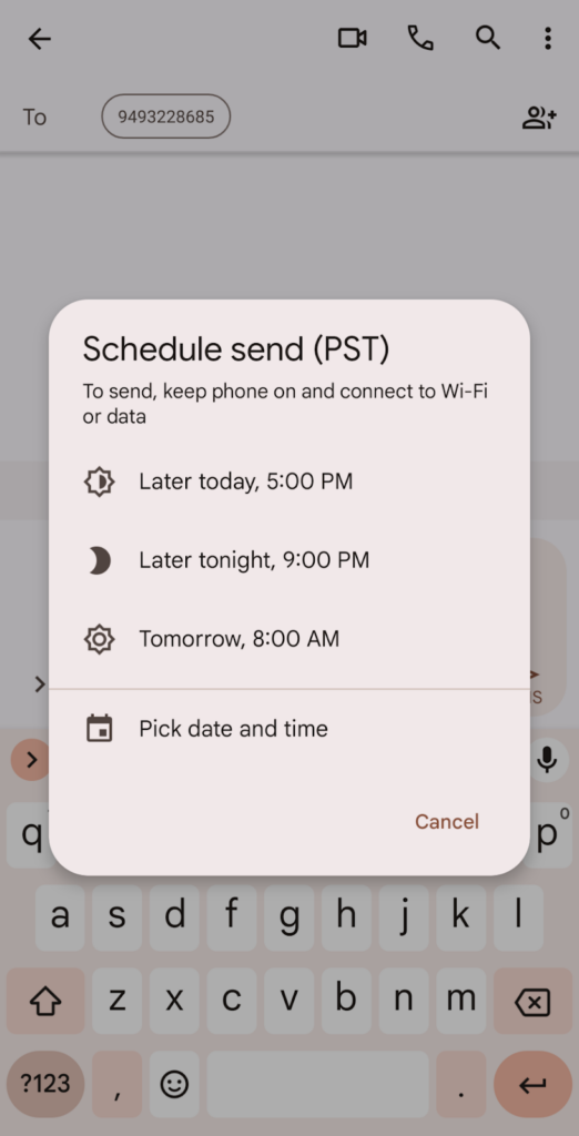 The Schedule send Google Messages pop-up