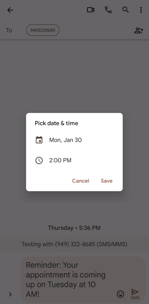 A scheduled message confirmation in Google Messages