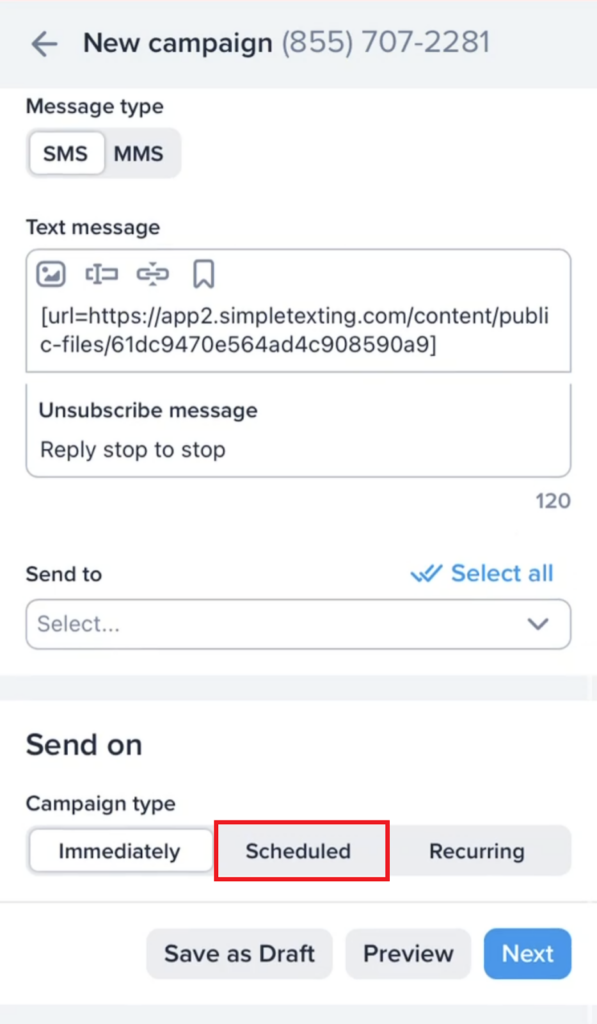 Creating and scheduling a campaign on the SimpleTexting mobile app