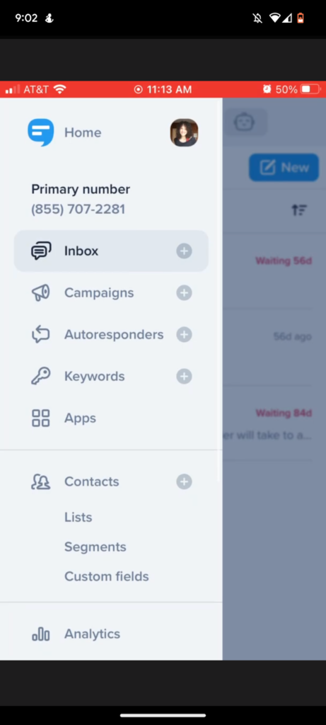 The Inbox tab in the SimpleTexting mobile app