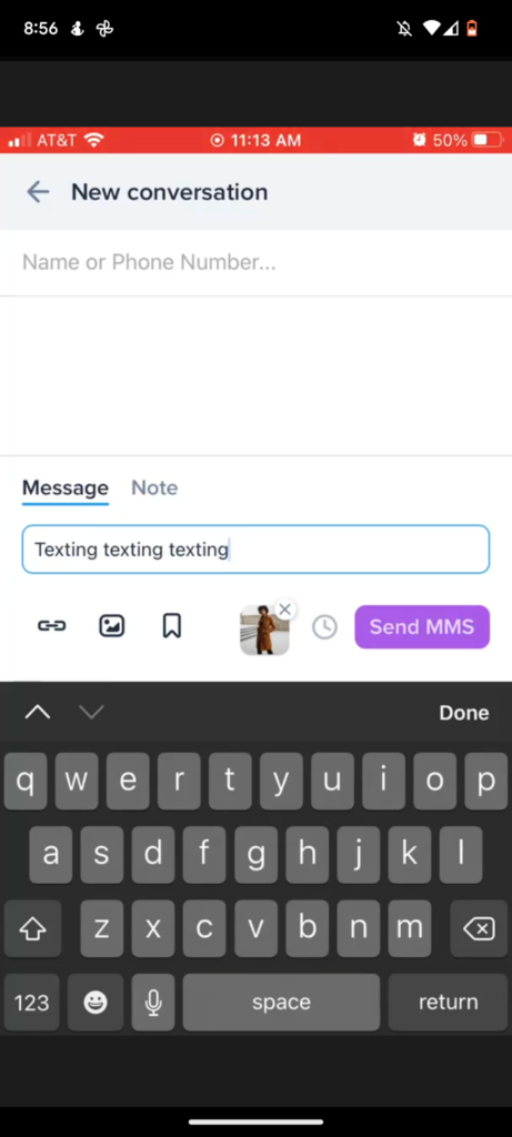 Sending an MMS in the SimpleTexting mobile inbox