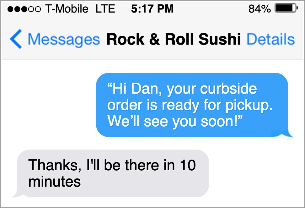 "your order is ready for pickup" text message template from a sushi restaurant