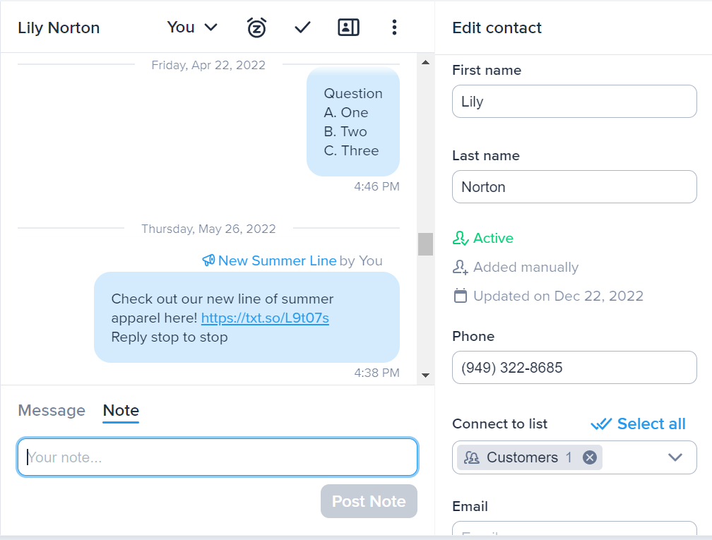 Viewing contact notes in SimpleTexting's inbox