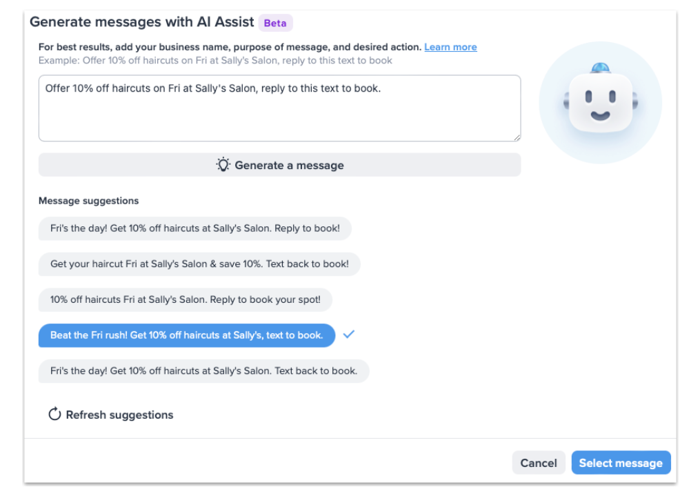 suggested text messages from SimpleTexting's SMS AI campaign writing tool