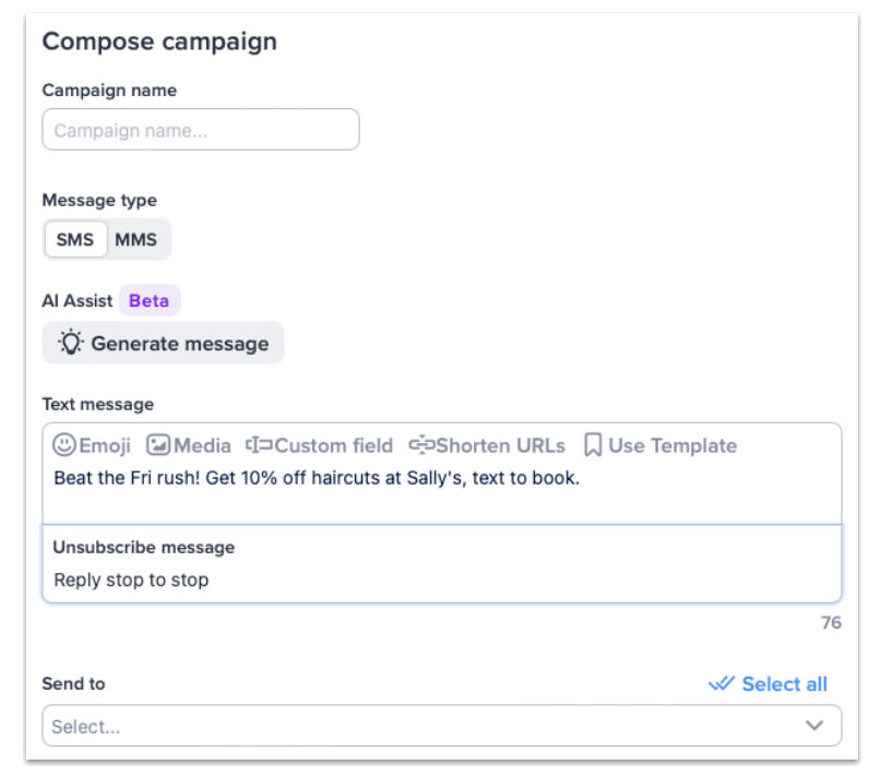 sample text message in SimpleTexting's SMS AI campaign writing tool