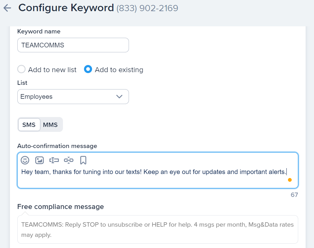 Setting up a keyword for internal employee text messages