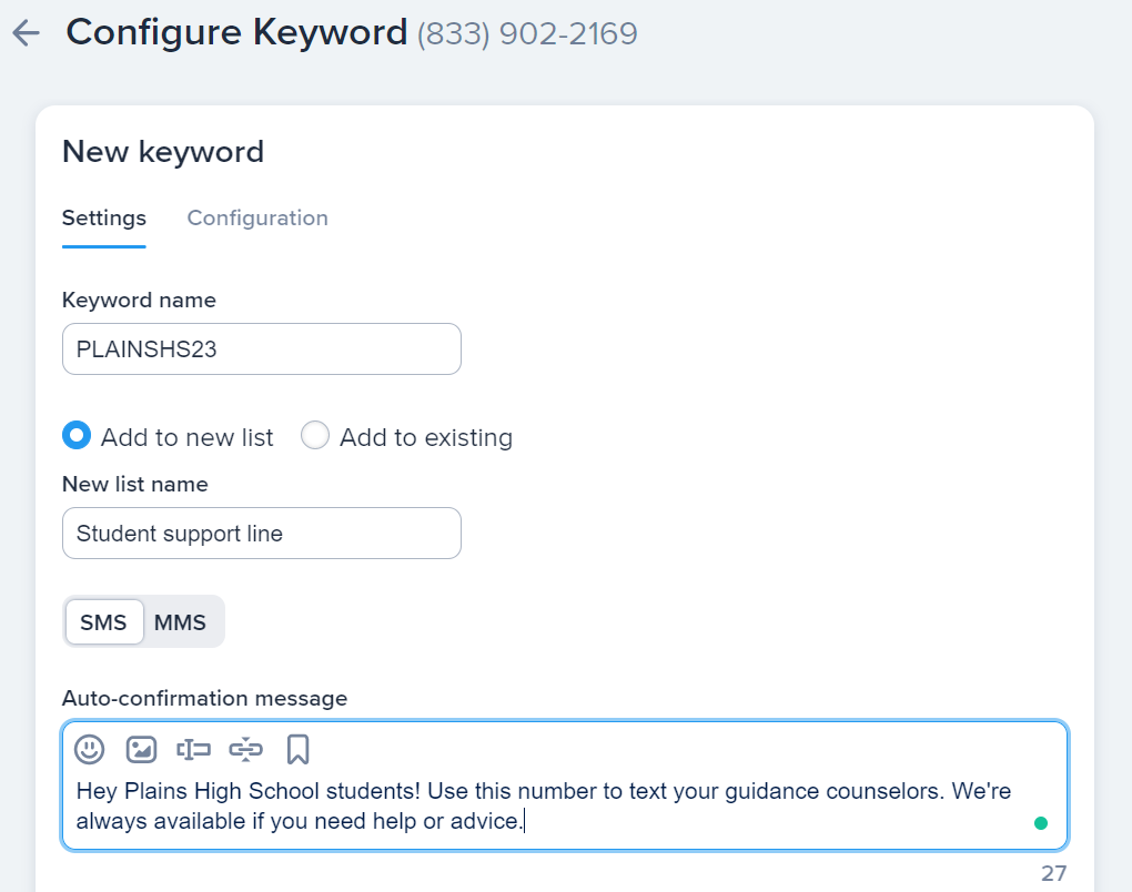 A look at setting up a keyword for a school mental health support line