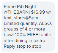 small business text message with limited time offer on prime ribs and bowling