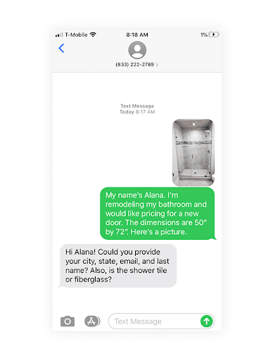 text message conversation where small business owner gives customer a quote