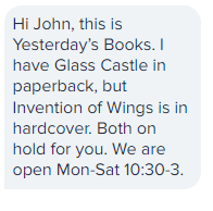 text message from a small business about a book order