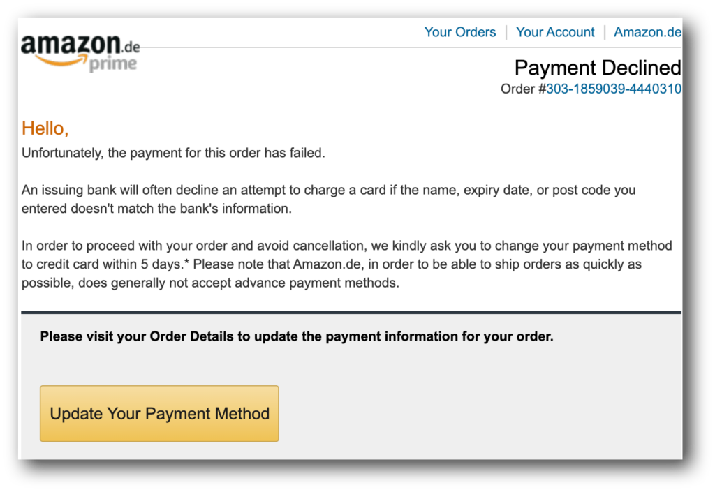 Amazon payment failure reminder email
