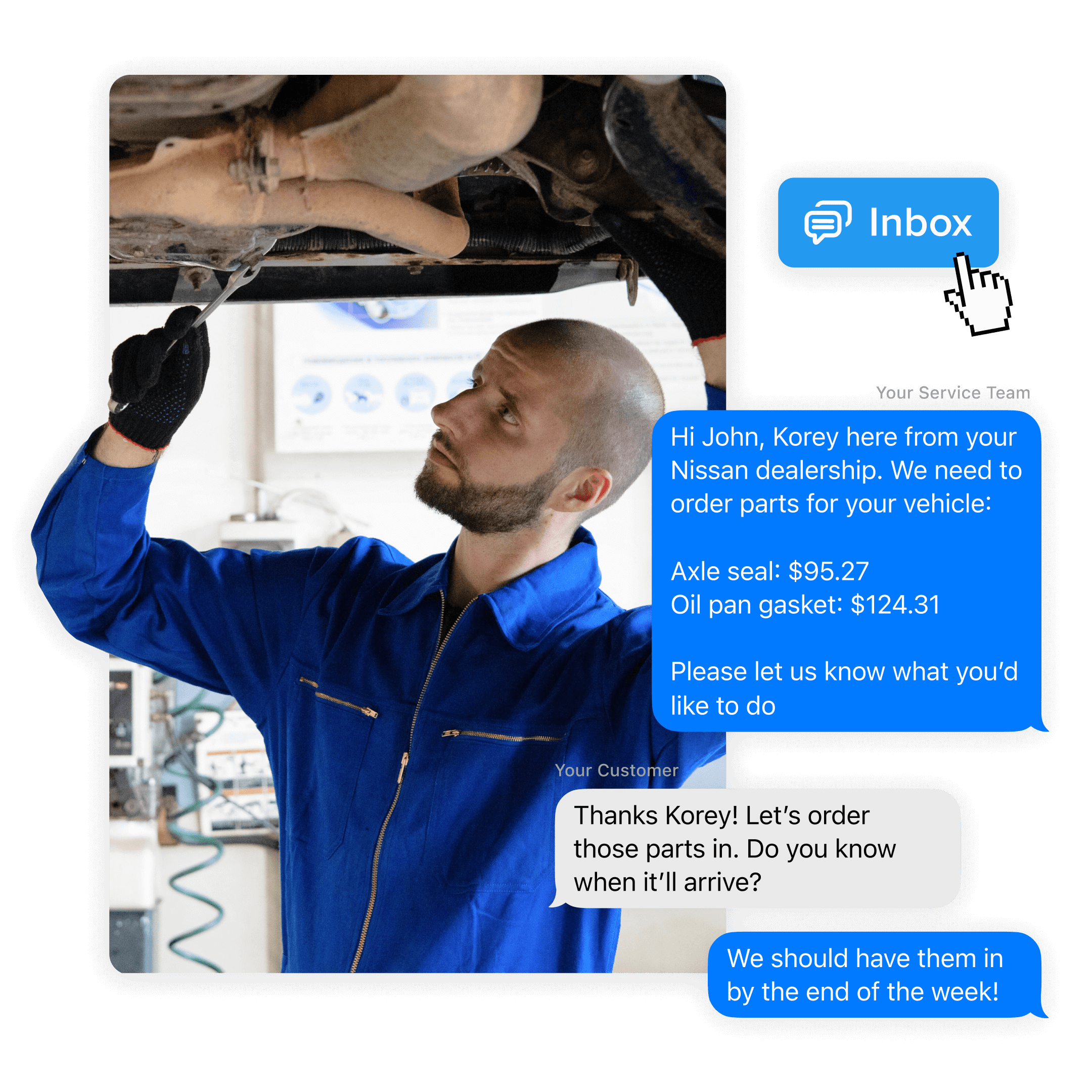 A mechanic, working under a vehicle, checks his phone. The screen displays a conversation with a Nissan dealership about ordering vehicle parts, with an affirmative reply from the customer.