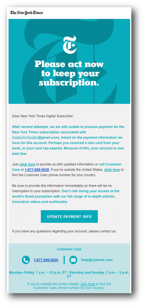 Payment failure email from the New York Times