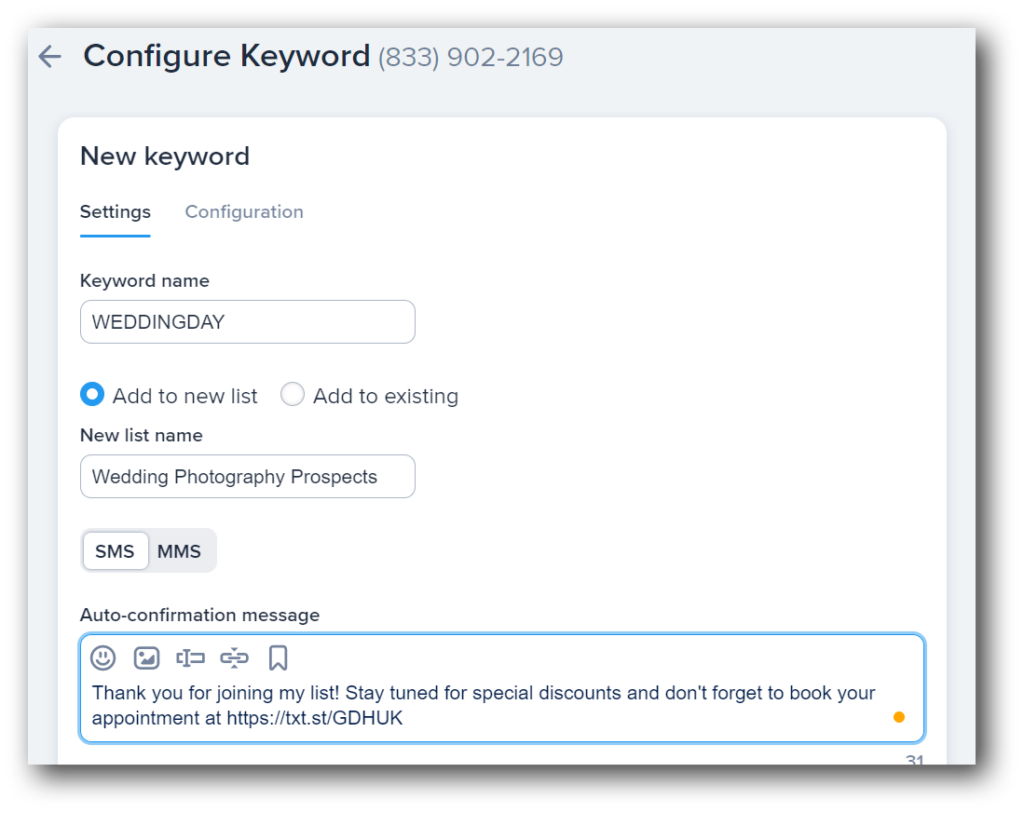 Creating a keyword to send a sales follow-up text