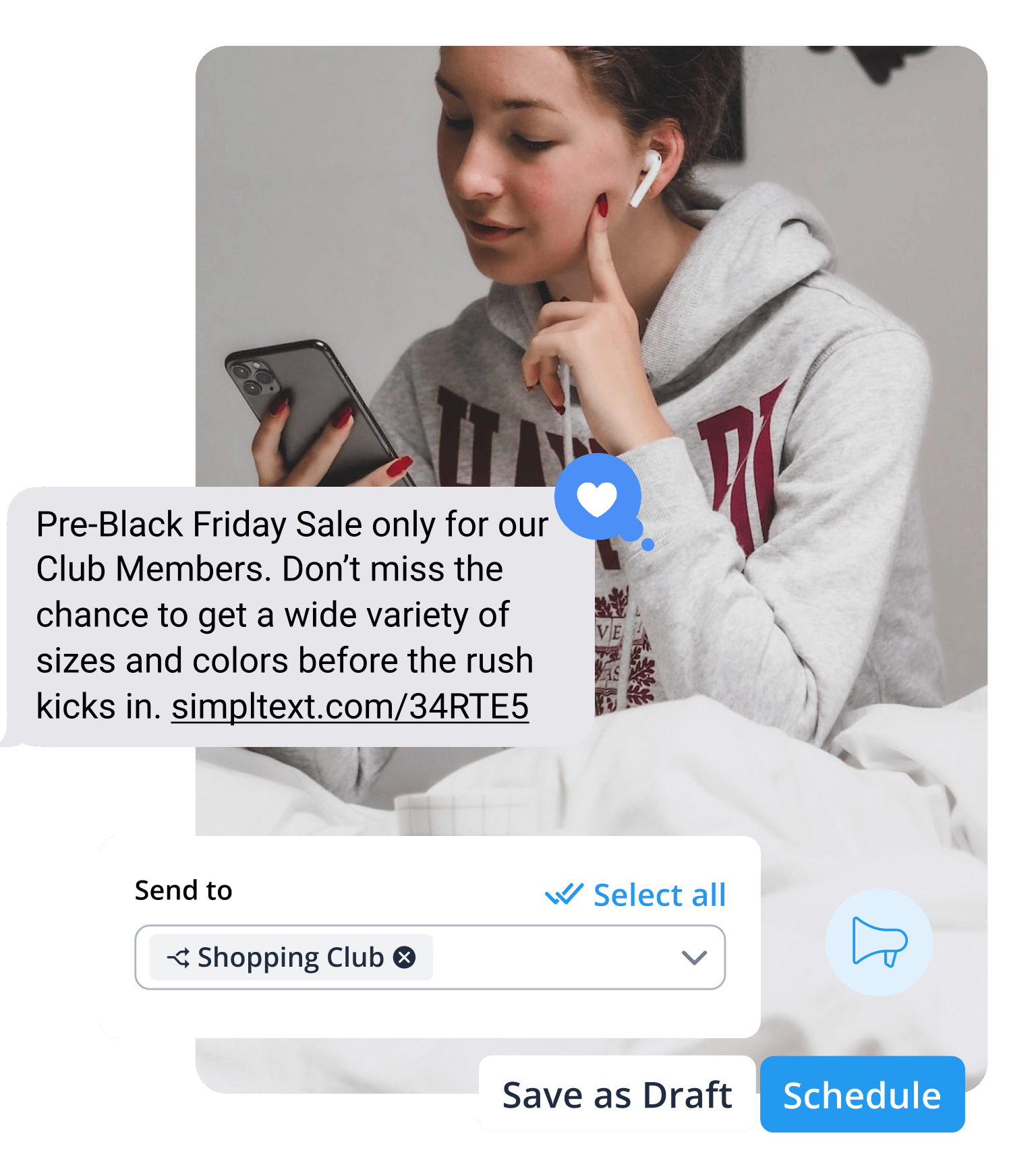 black friday text message that's being sent to a contact segment called shopping club