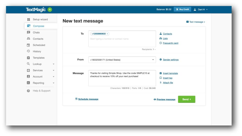 A screenshot of TextMagic's dashboard that shows how to compose a new text message.