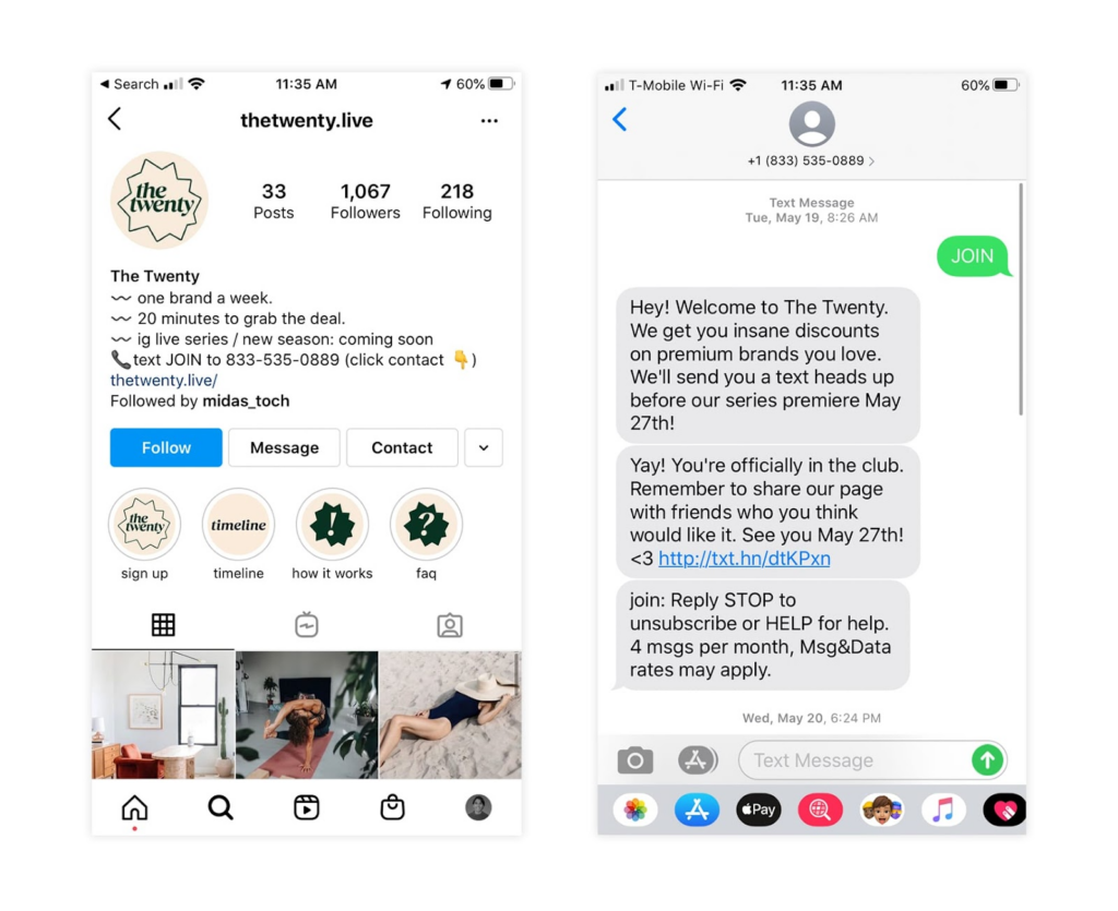 Two screenshots that show how The Twenty collects phone numbers from Instagram and sends text announcements for upcoming events.