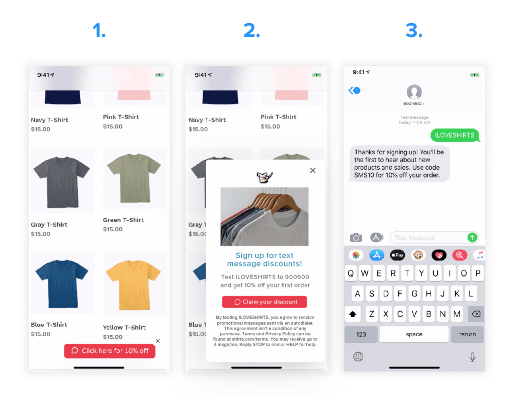 Image shows three screenshots of a website. The first shows a button that says, "Click here for 10% off". The second shows the pop-up with the offer and a button that says "Claim your discount". The third shows the text opening in a native texting app to send a message to the business to opt in.