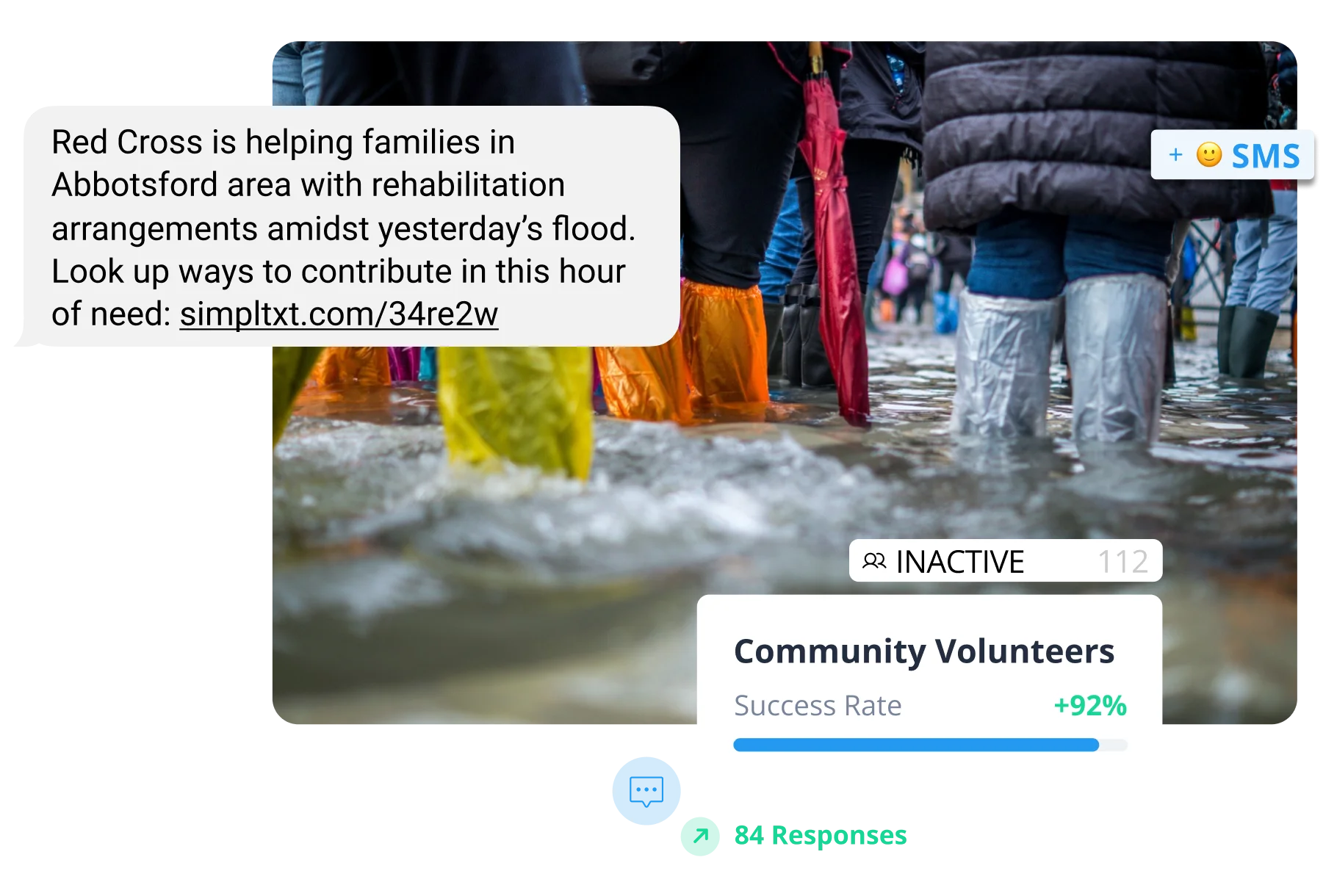 Two volunteers plant trees with a text bubble that reads, 'Save Our Trees needs three teams for our city-wide planting event on Sunday at 12pm. Bring gloves!'