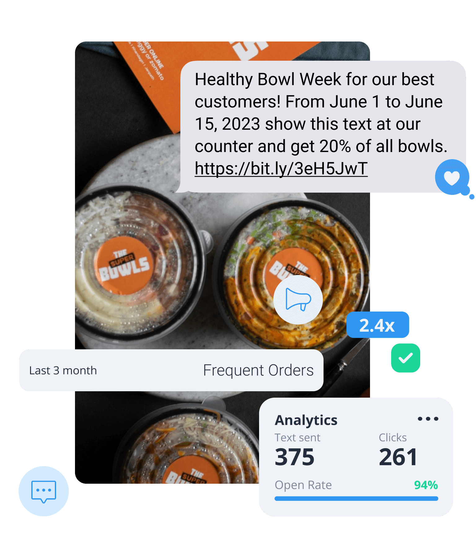 Image of meals in refrigerator with a text message bubble above them that reads 