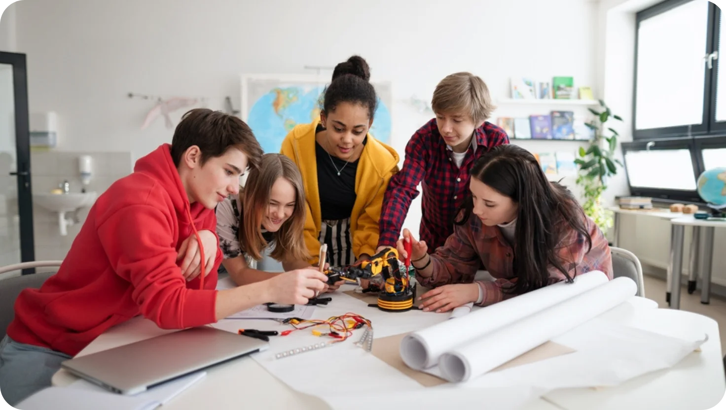 Students building project in classroom
