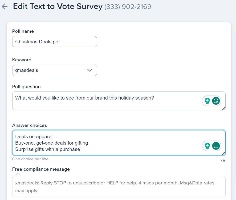 A screenshot of SimpleTexting's poll feature. The poll name is "Christmas Deals poll", keyword is "xmasdeals", the question is "What would you like to see from our brand this holiday season?", and the answer choices are "Deals on apparel, buy-one get-one deals for gifting, or surprise gifts with a purchase".
