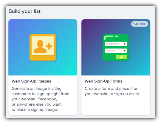 Screenshot of SimpleTexting's subscriber list building features of "web signup images" and "web signup forms"