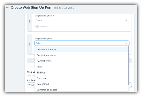 Screenshot of SimpleTexting's web signup form builder feature showing personalization fields like "contact first name"