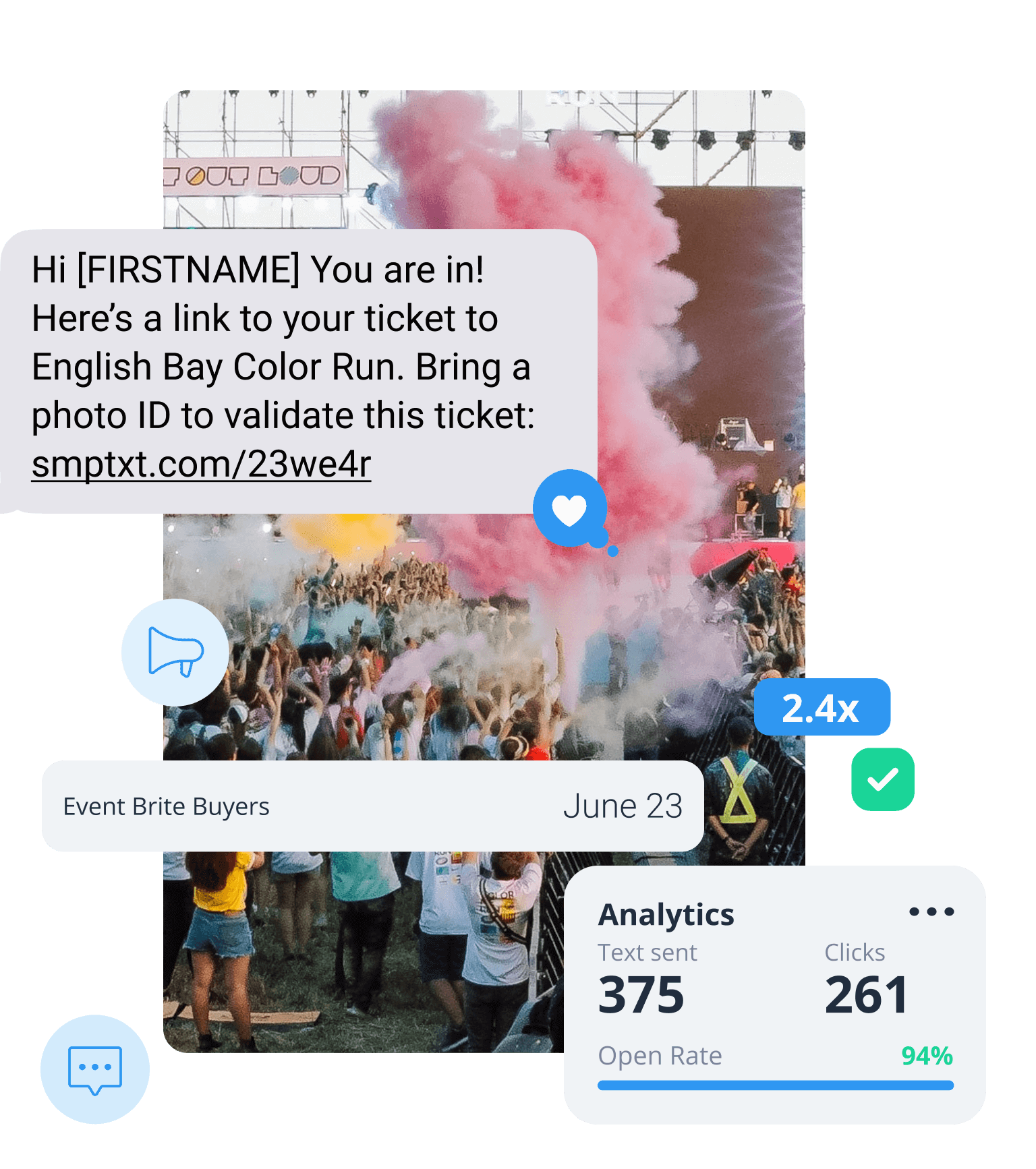 A crowd cheers as pink smoke fills an outdoor festival. A text message bubble above the crowd reads 