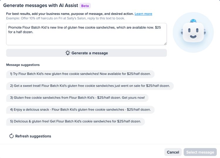 Screenshot of SimpleTexting's AI Assist tool writing a promotional message, which is the most popular of the three types of SMS marketing