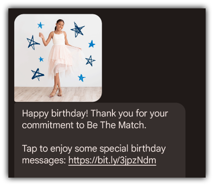 Be The Match’s birthday message, including a GIF in the text