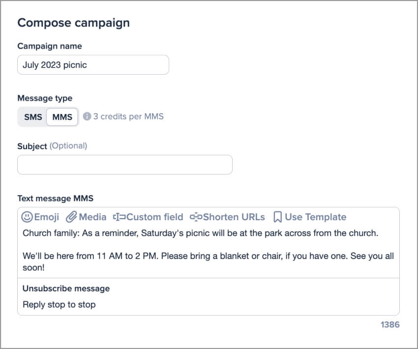 Scheduling a church event reminder campaign in SimpleTexting’s mass texting platform