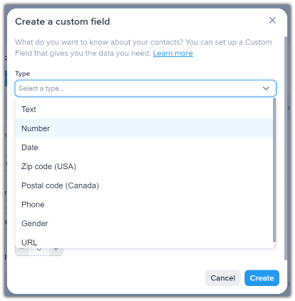 Selecting the custom field type in SimpleTexting