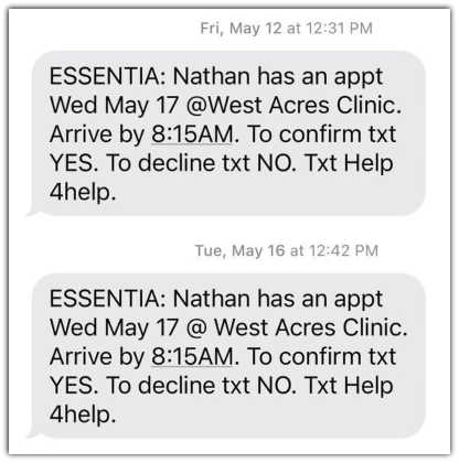 A series of appointment reminder SMS messages 