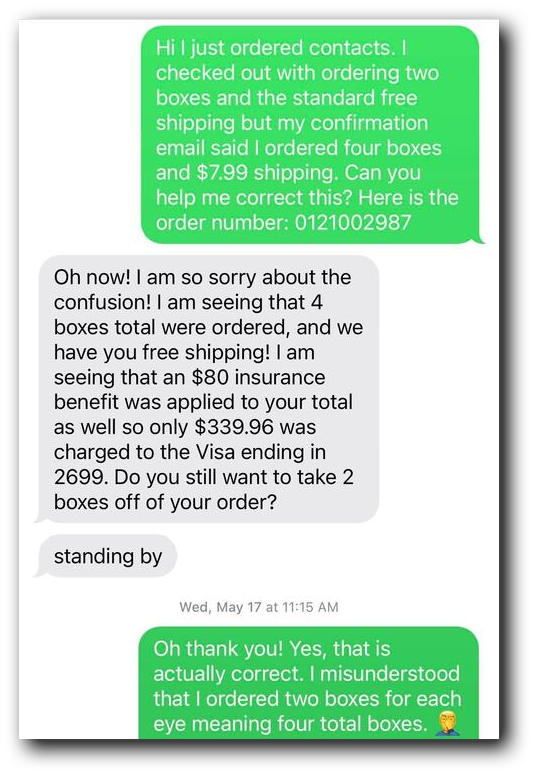 A customer service text conversation example