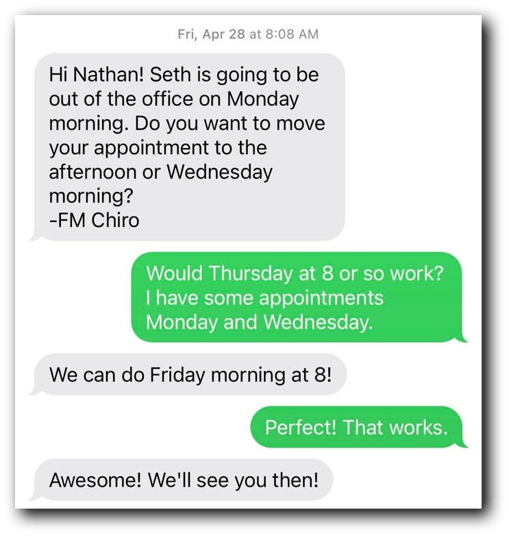 A sample text message from a chiropractor
