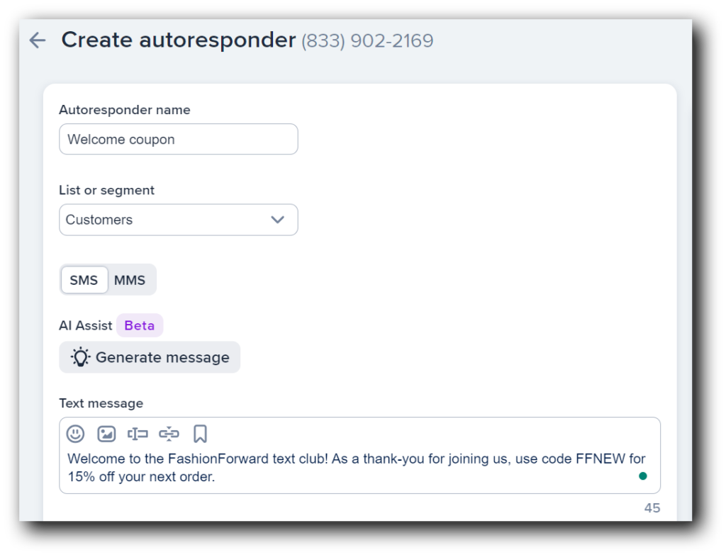 Setting up a text coupon autoresponder through SimpleTexting