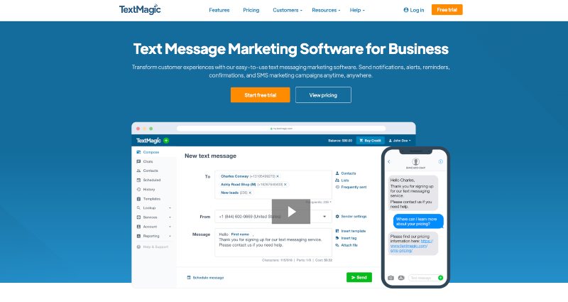 TextMagic's homepage for its text message ad service