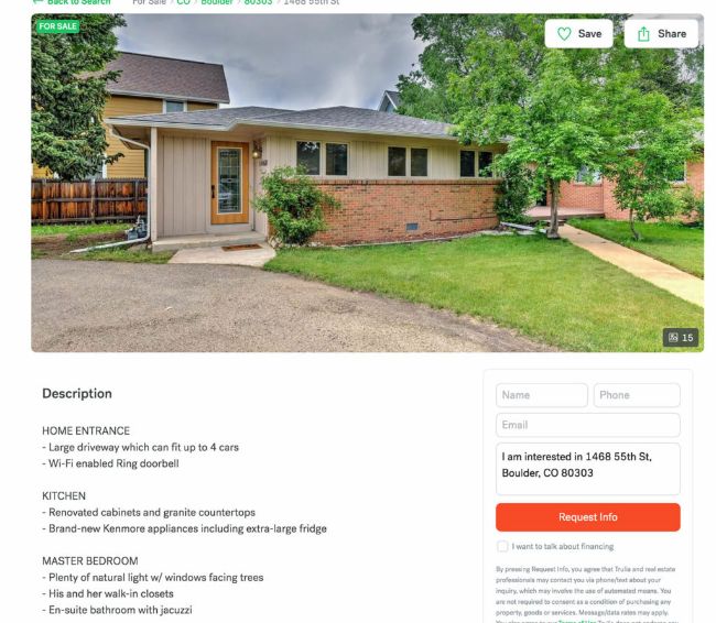 real estate listing with descriptions organized by room