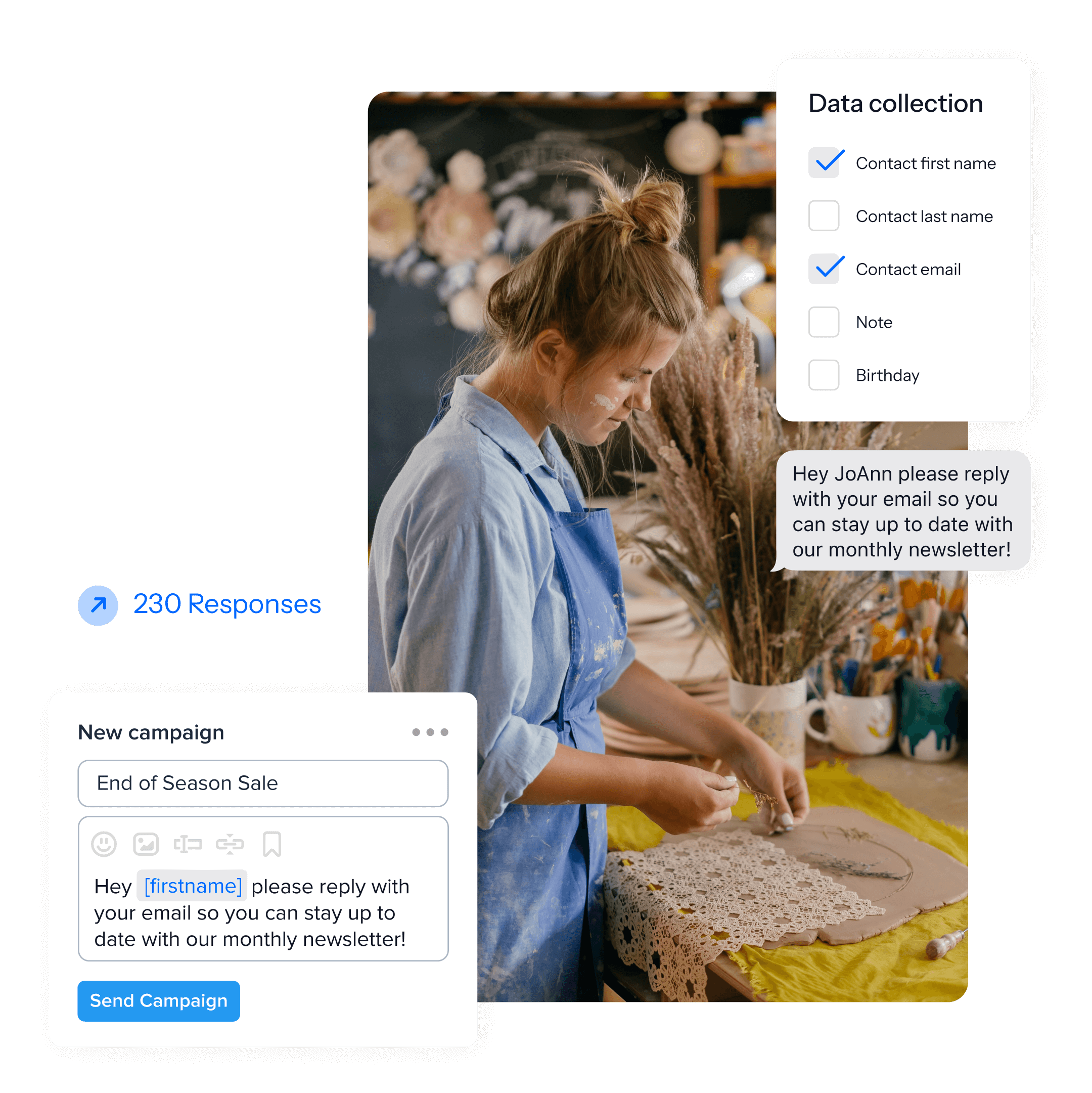 A photo of a woman making crafts. There are UI elements overlaid on top of the photo which demonstrate the ability to personalize your mass text with custom fields such as first name.