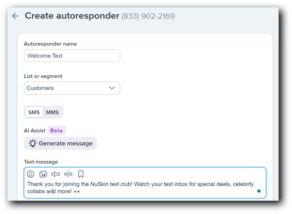 Creating an autoresponder welcome text message 