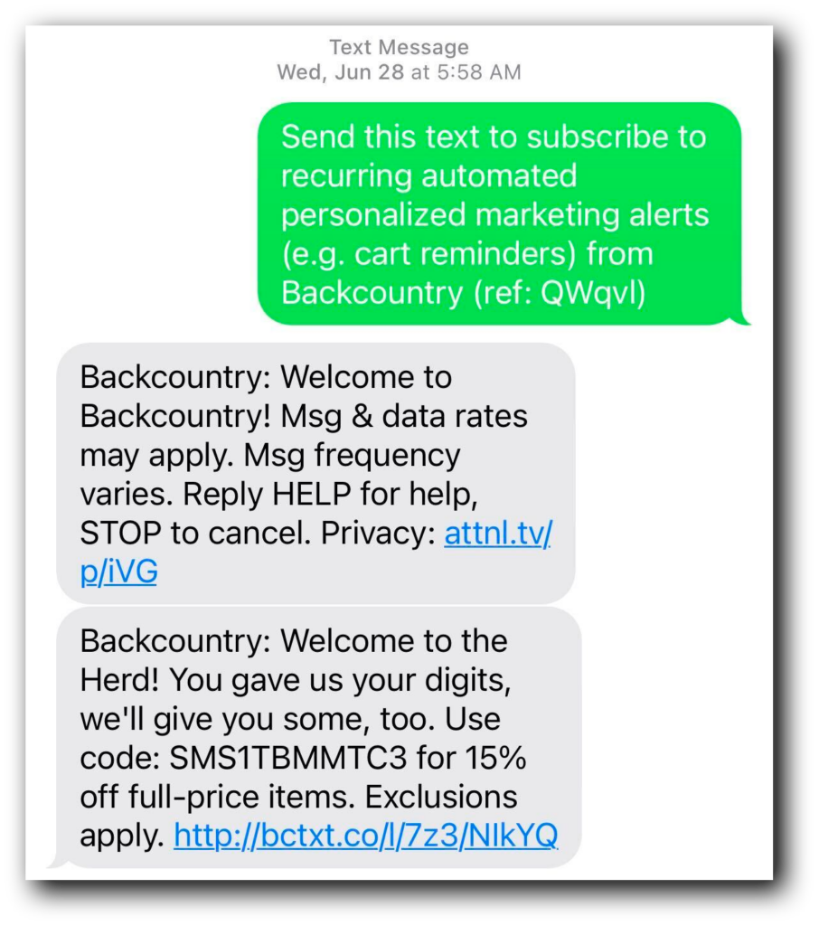 The text new subscribers receive when they use Backcountry's SMS link